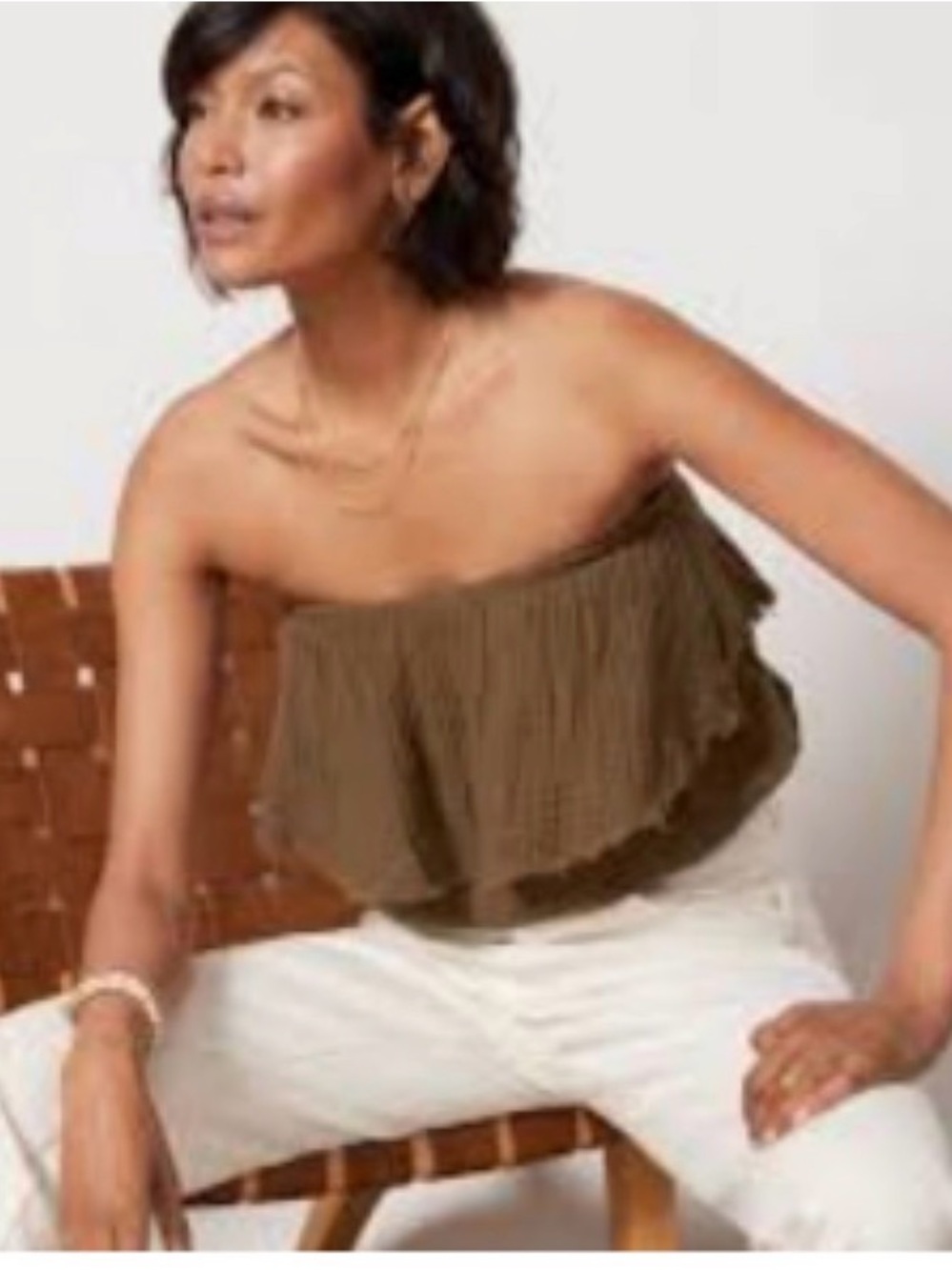 Michael Stars Fleur Olive Brown Ruffled Strapless Gauze Tube Top
